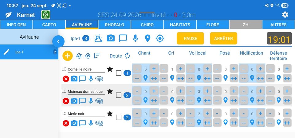 Application Karnet, onglet Avifaune : saisie par espèce des effectifs en chant, cri, vol local, posé, nidification et défense de territoire